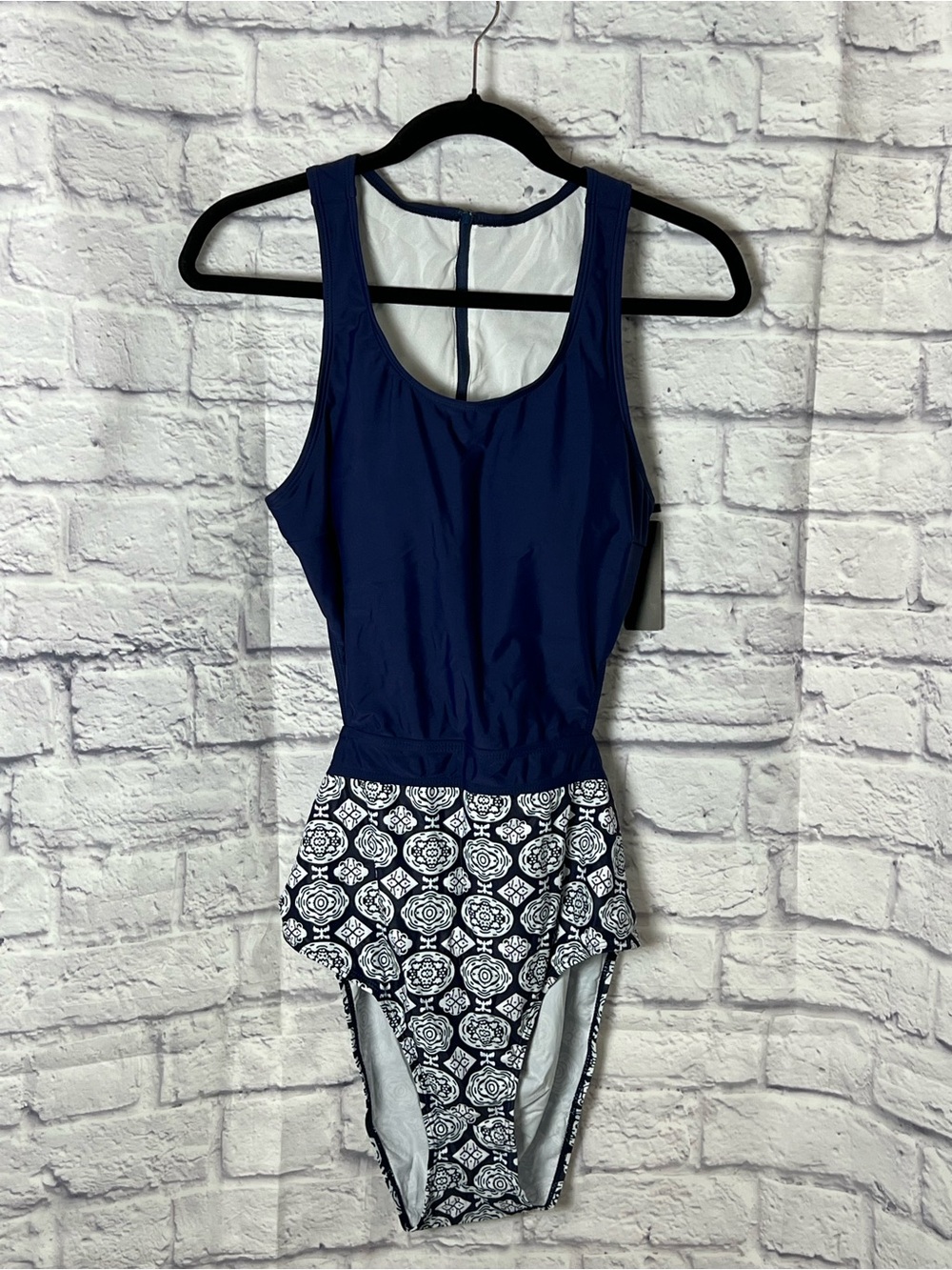Navy Scoop Tank One-Piece Swimsuit with Printed Bottom